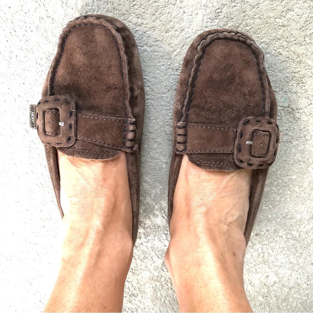 UGG Thelma Brown Suede Shearling Lined Driving Loafers Size 6 EU 37